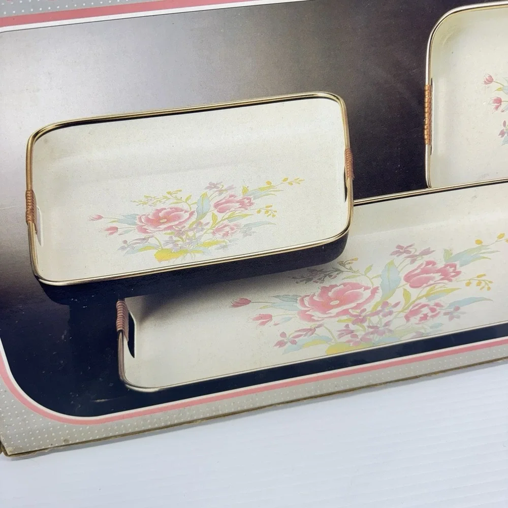 Vintage Lacquerware 3 Piece Tray Set Rose NOS Sealed In Box Jay Imports Japan